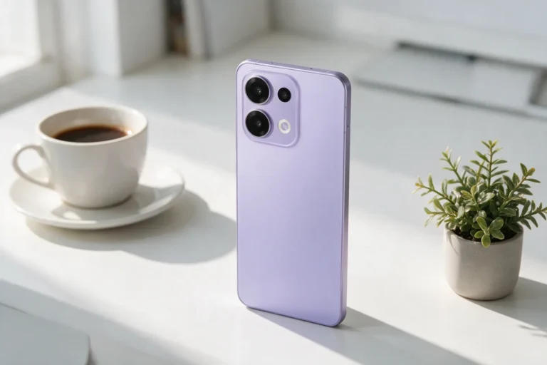 Celular intermediário lilás sobre a mesa ao lado de um café
