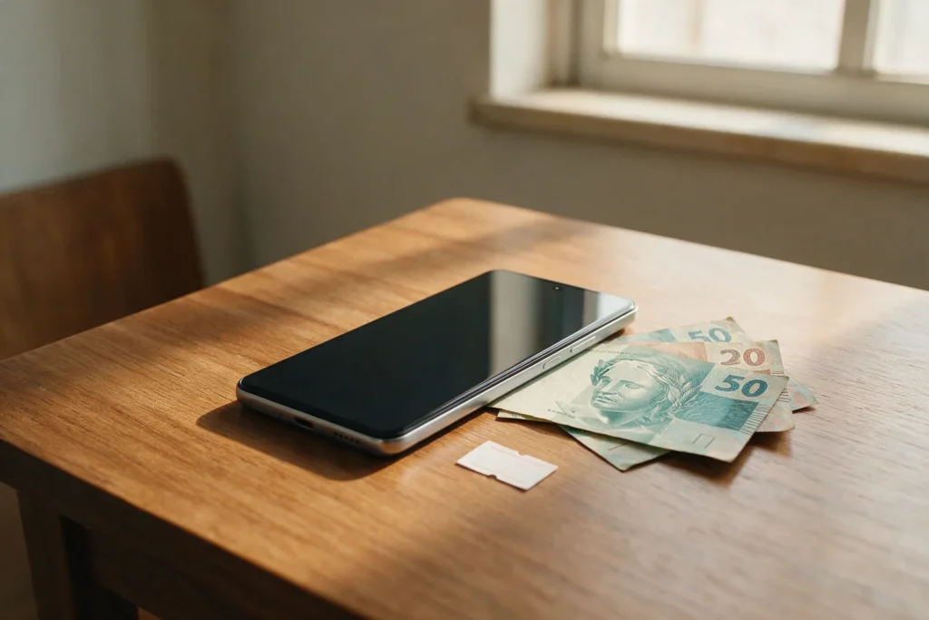 Celular sobre a mesa ao lado de notas de real