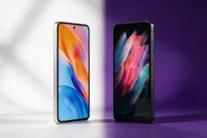 Dois smartphones lado a lado em fundo branco e roxo