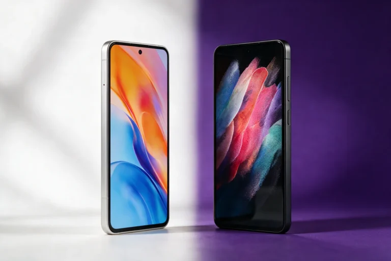 Dois smartphones lado a lado em fundo branco e roxo