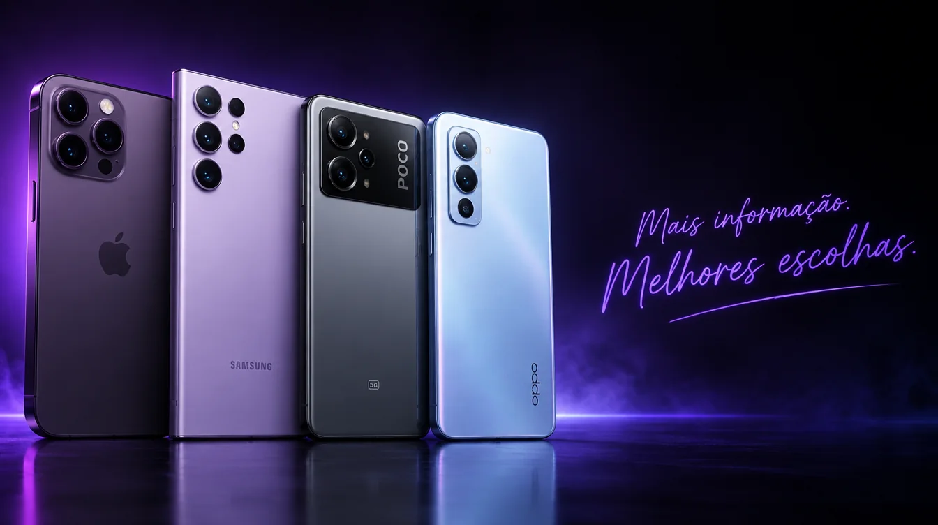 Smartphones Apple, Samsung, POCO e OPPO lado a lado com luz roxa e a frase Mais informação. Melhores escolhas.