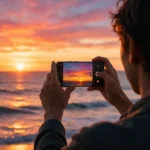 Pessoa fotografando o pôr do sol com o celular