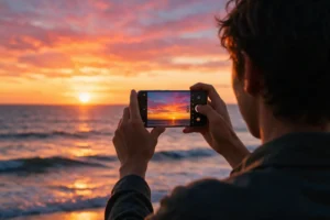 Pessoa fotografando o pôr do sol com o celular