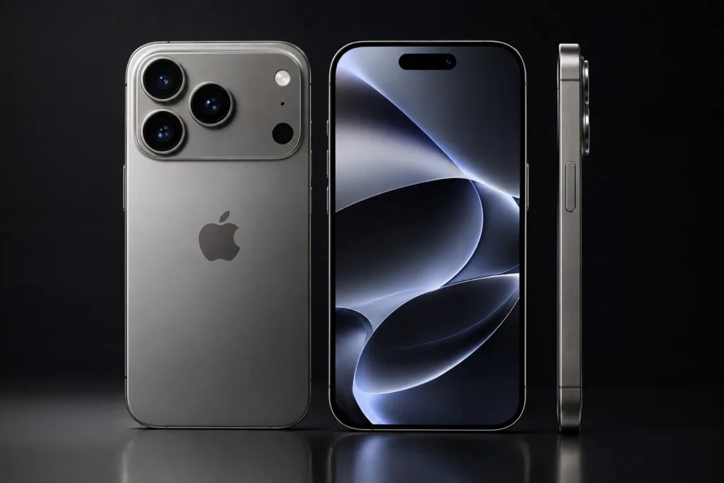 iPhone 18 Pro em titânio visto de trás, de frente e de lado