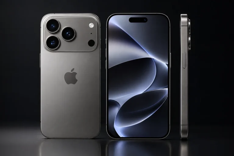 iPhone 18 Pro em titânio visto de trás, de frente e de lado