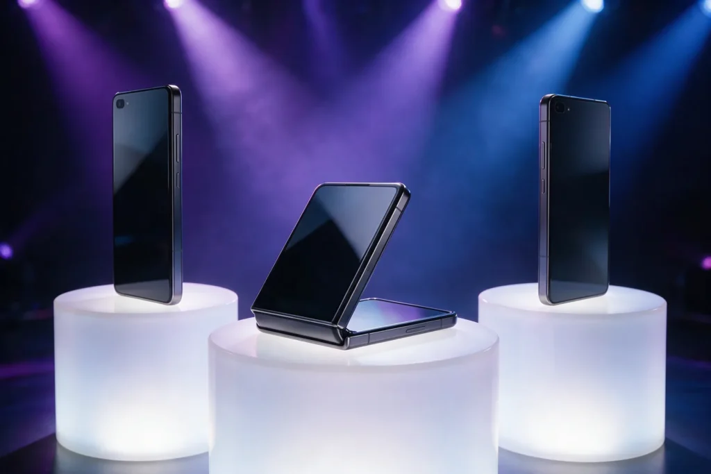 Lançamento de celulares com dobrável em pedestais iluminados