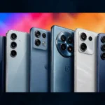 Seis celulares intermediários lado a lado em um fundo colorido