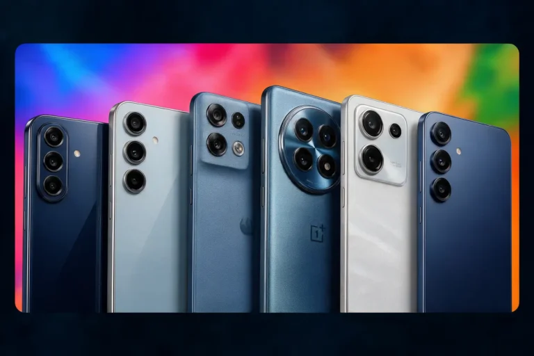 Seis celulares intermediários lado a lado em um fundo colorido