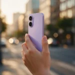 Mão segurando smartphone lilás na rua ao pôr do sol