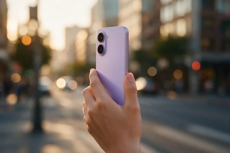 Mão segurando smartphone lilás na rua ao pôr do sol