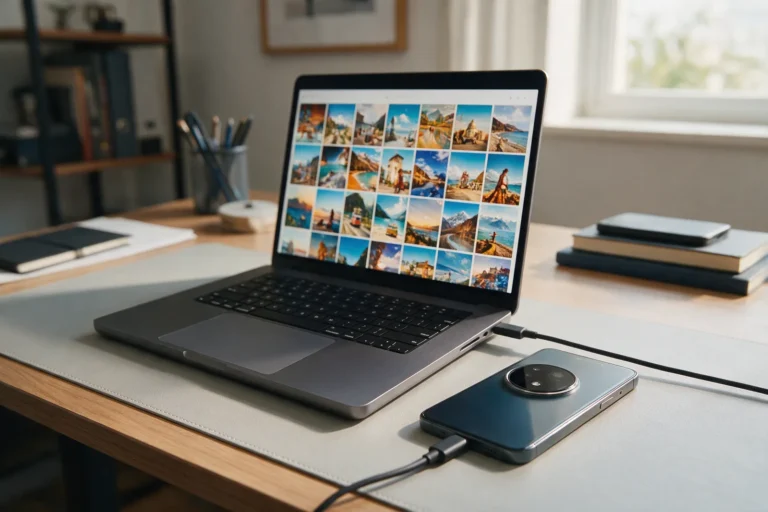 Celular conectado ao notebook por cabo USB-C para transferir fotos